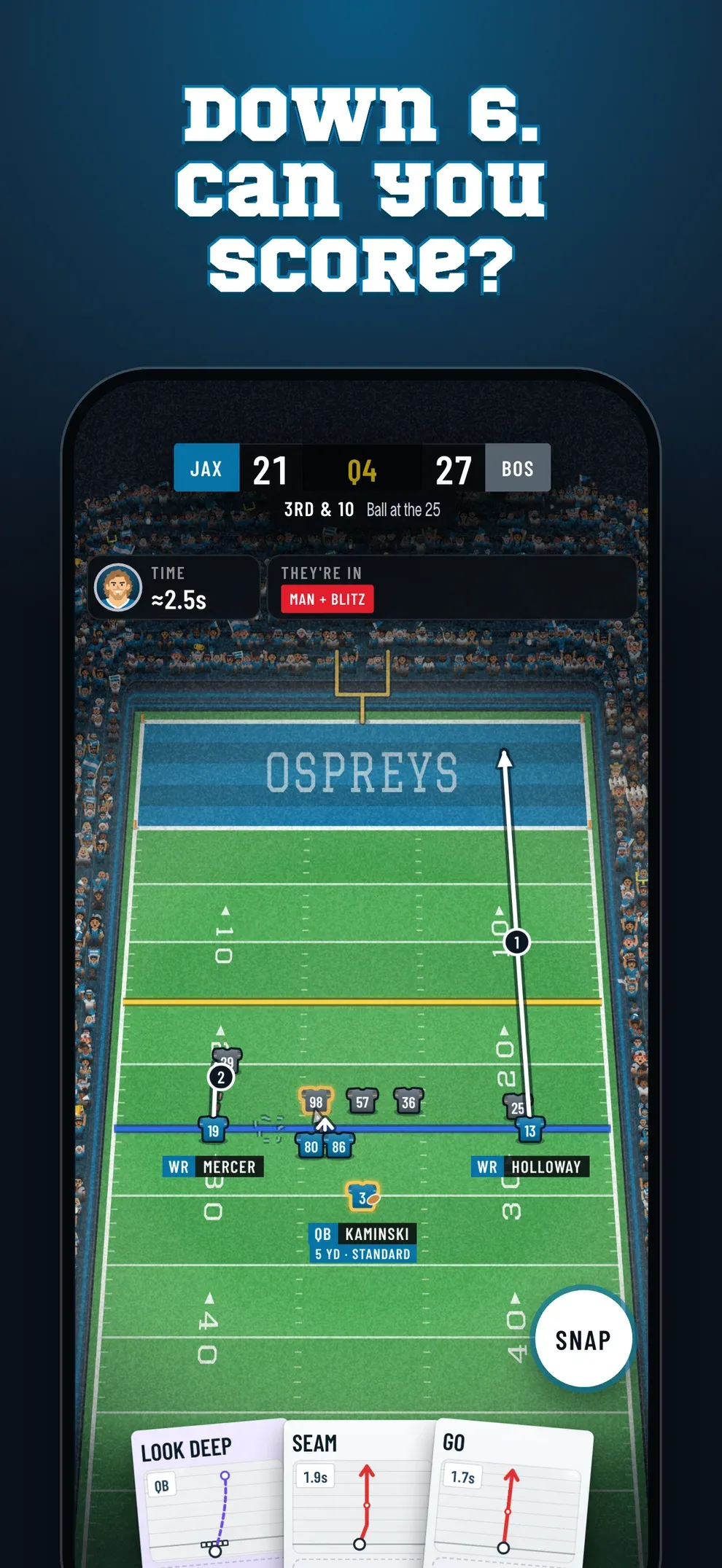 Down 6, can you score? The game screen on 3rd and 10 in the fourth quarter, play cards in hand.